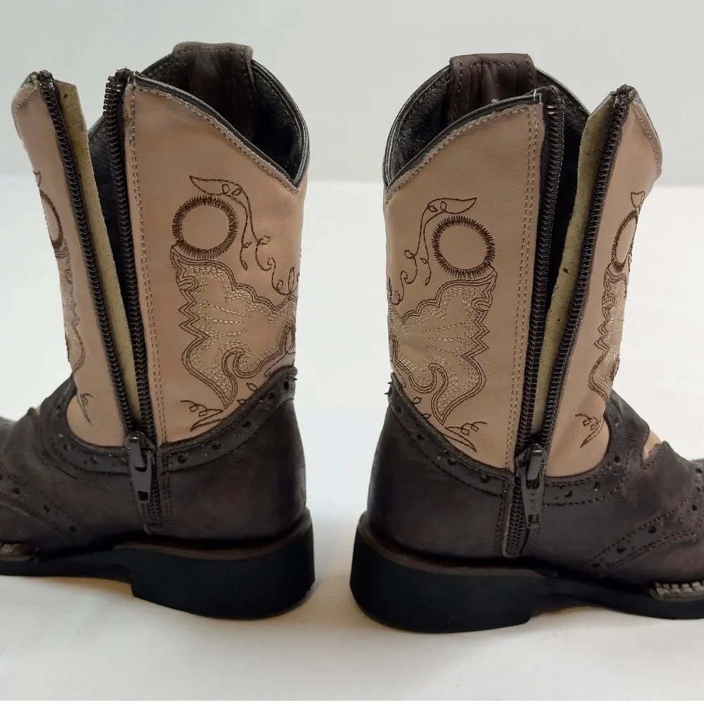 Kids White Diamonds Boots Square Toe Zipper Brown Beige Embroidered